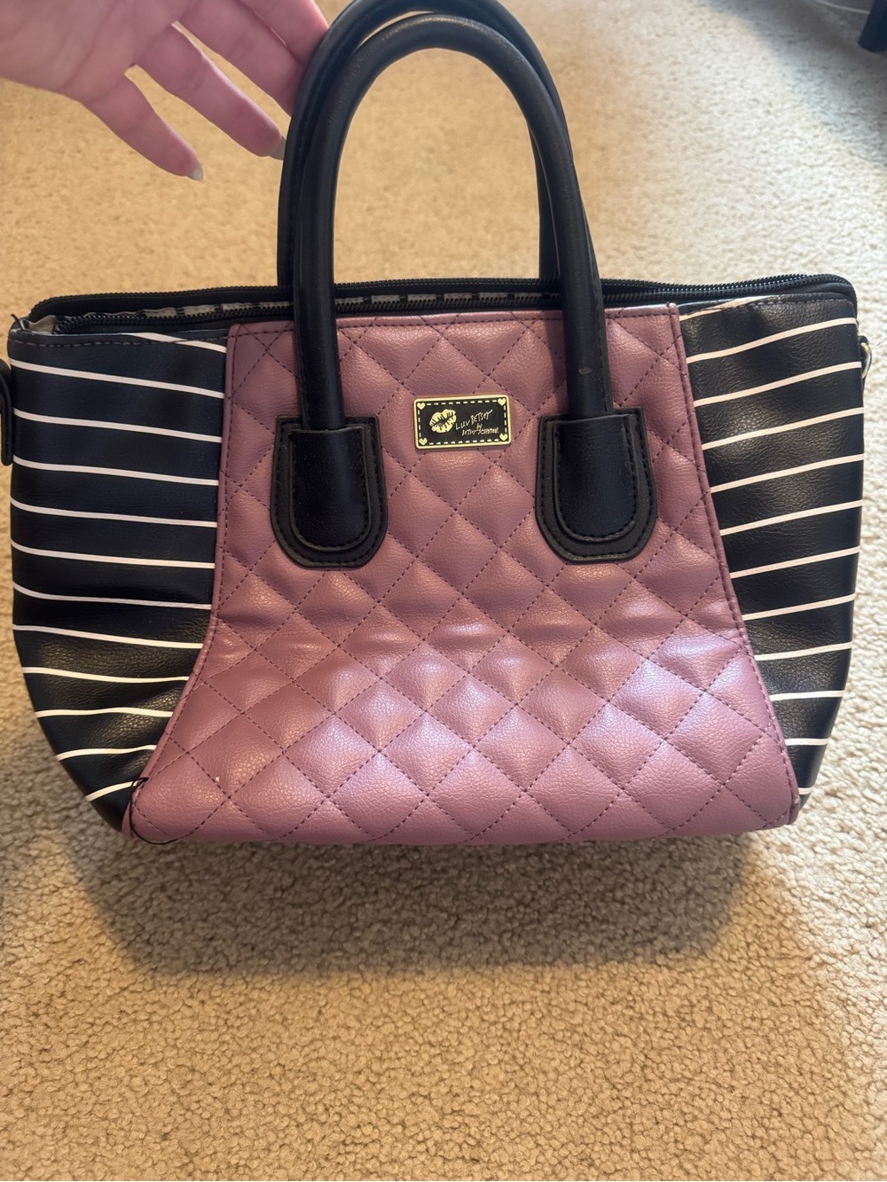 Betsey Johnson Quilted Mauve Satchel with Black & White Stripes